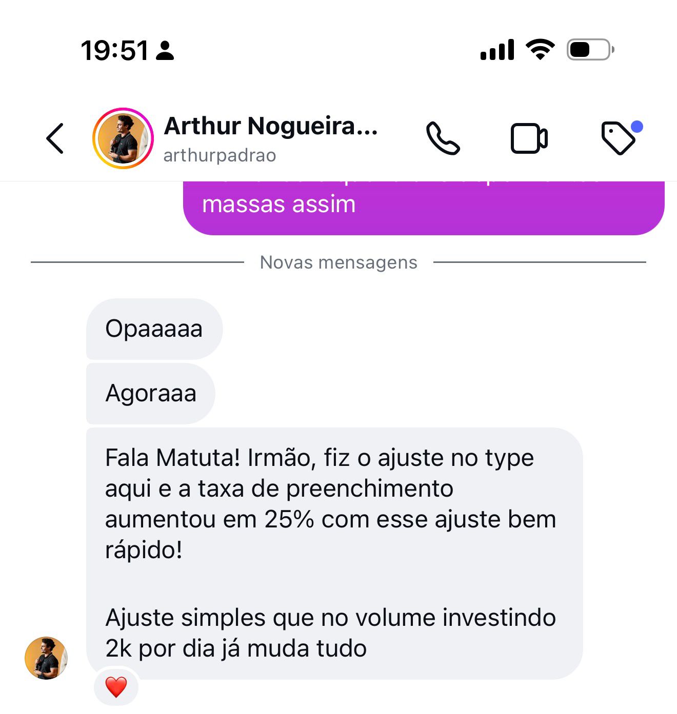 Print de depoimento recebido pelo WhatsApp sobre o método GDIA