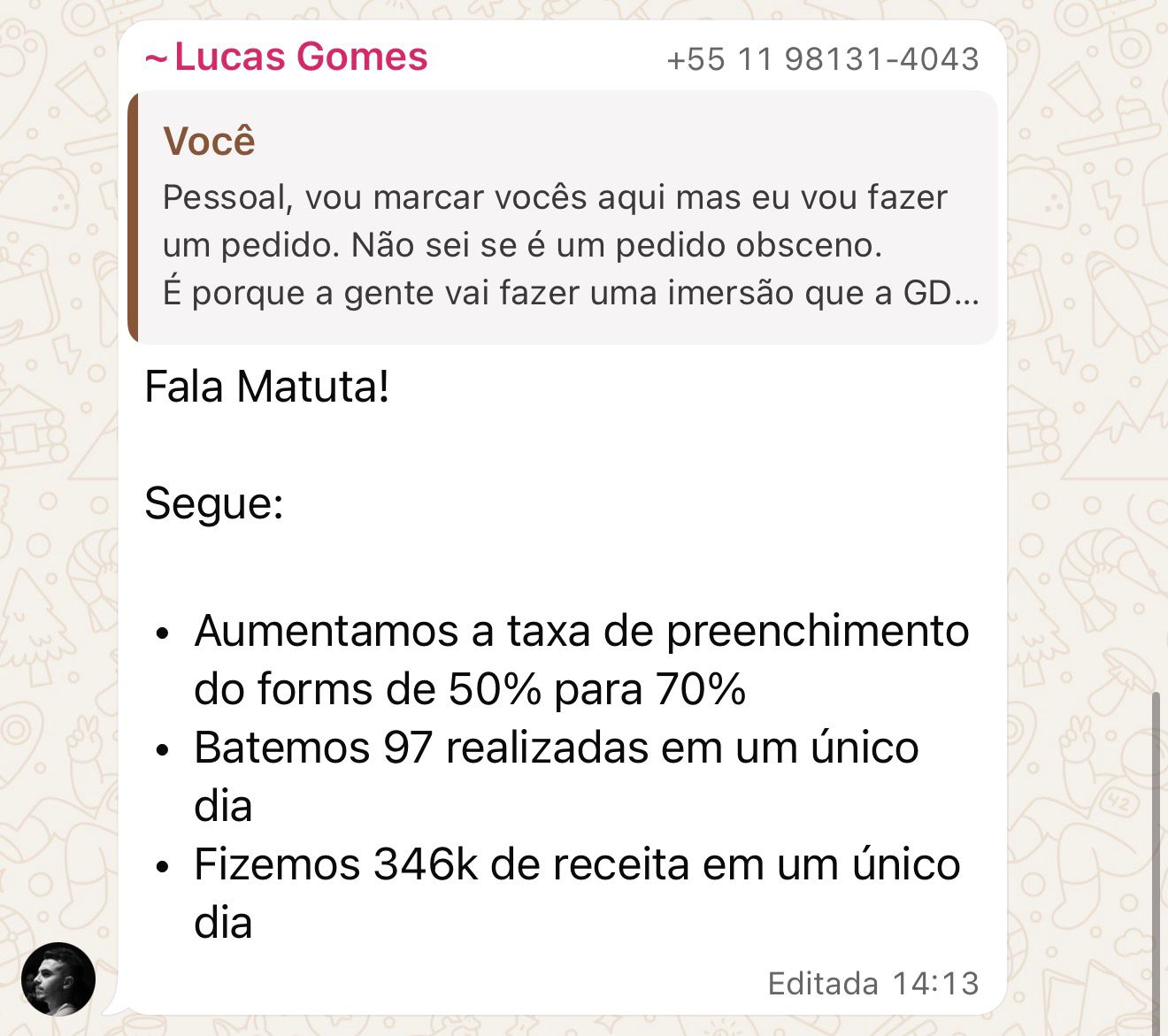 Print de depoimento recebido pelo WhatsApp sobre resultados com o método GDIA